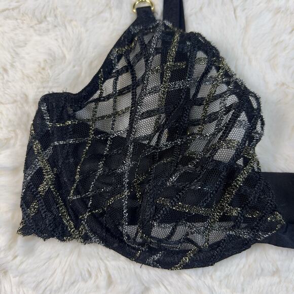 Victoria's Secret Dark Black Mesh Lace Shimmery Demi Bra 32B Gold Detail NWT - Picture 6 of 7